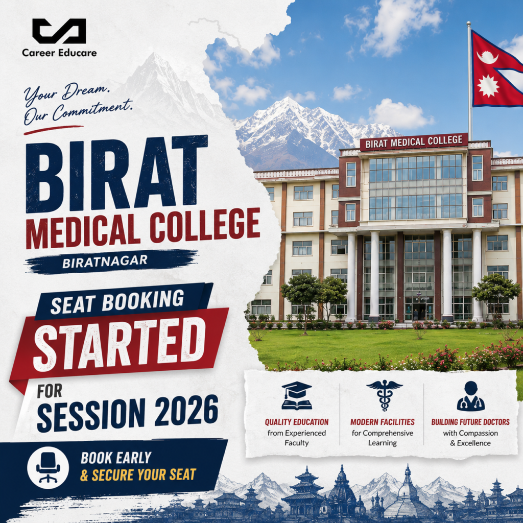 Birat Medical College Biratnagar Nepal MBBS Admission 2026 seat booking started poster with Nepal flag and medical college campus