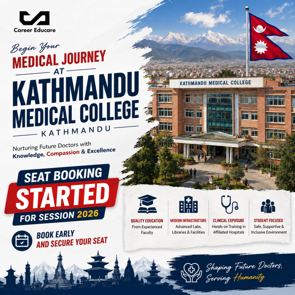 Kathmandu Medical College Kathmandu Nepal MBBS Admission 2026 seat booking started promotional poster with Nepal flag and medical college campus