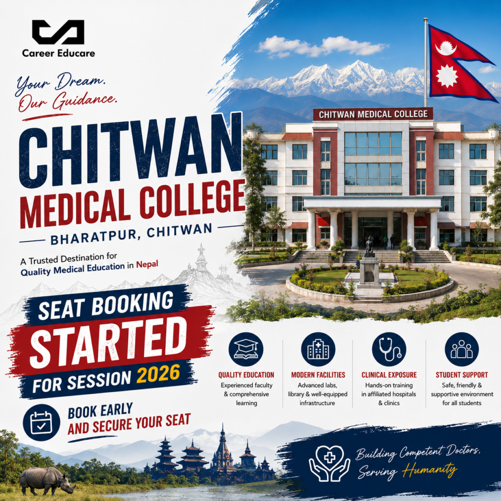 Chitwan Medical College Bharatpur Chitwan Nepal MBBS Admission 2026 seat booking started promotional poster with Nepal flag and college campus